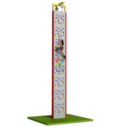 Commercial indoor climbing wall with molded holds and themed panels in a family entertainment center