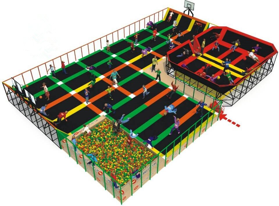 Commercial trampoline park equipment with connected jump beds and a padded main court