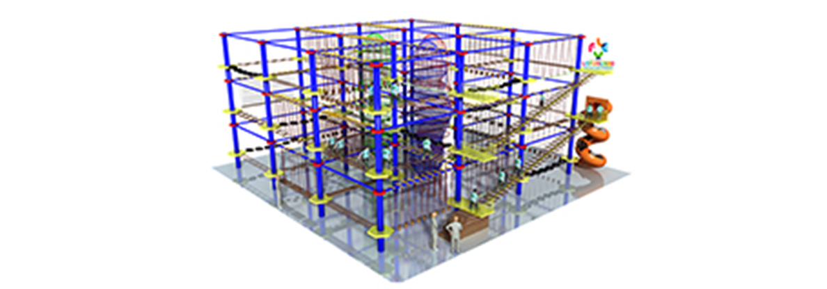 Sky trail ropes course installed over open floor space in a family entertainment center