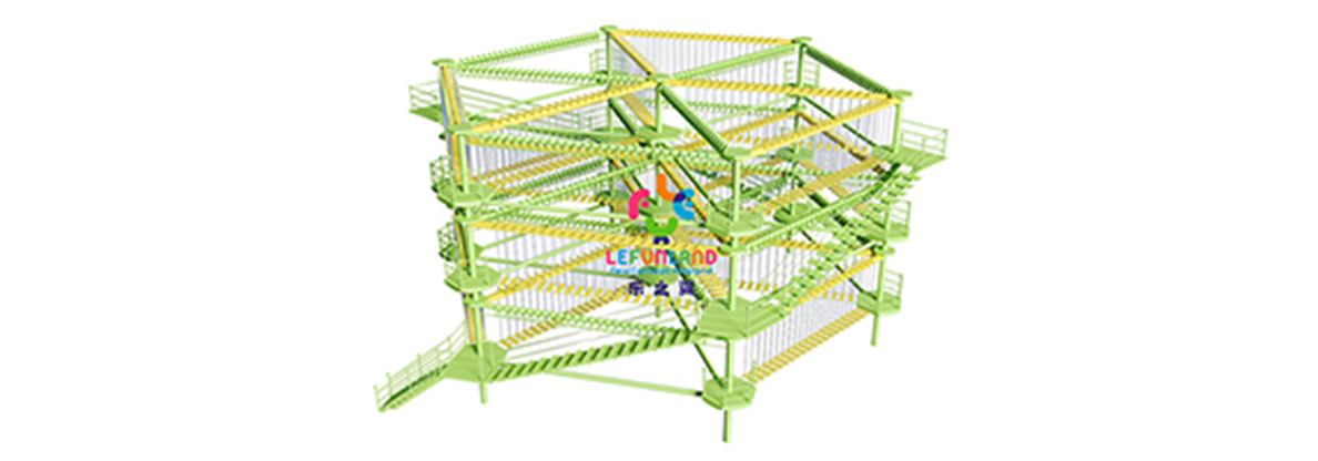 Commercial indoor ropes course with multi-level sky trail decks and continuous belay rail