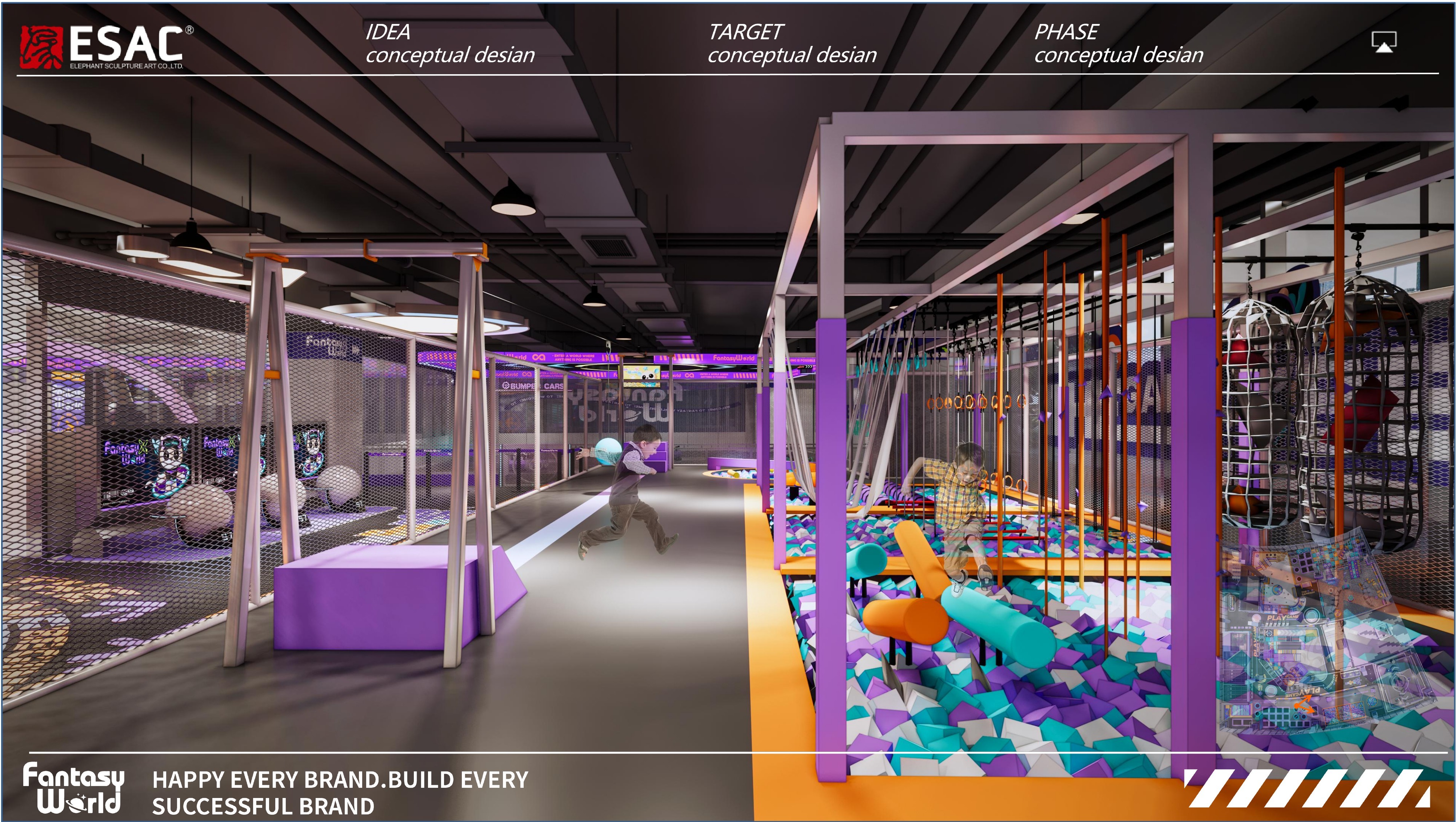 Overhead steel structure of an indoor ropes course adventure zone in a commercial playground